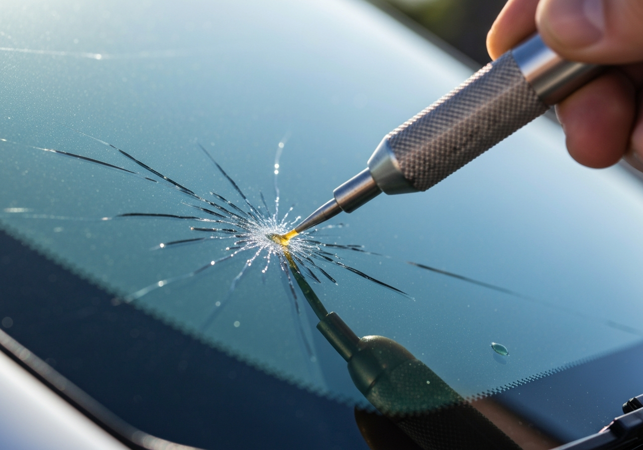 Applying Resin to Windshield Chip Applying Resin to Windshield Chip