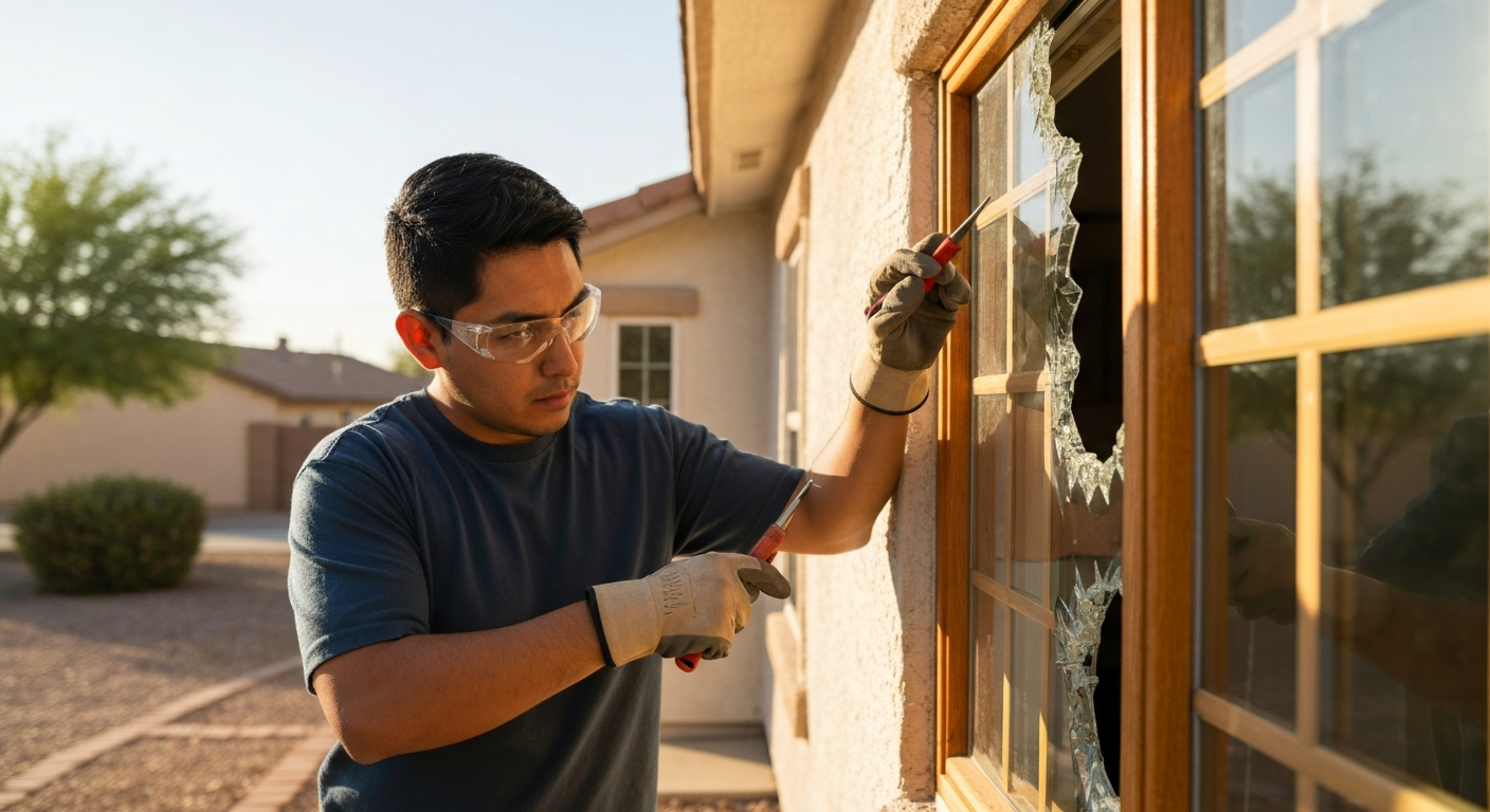 Broken residential home window being inspected by a technician