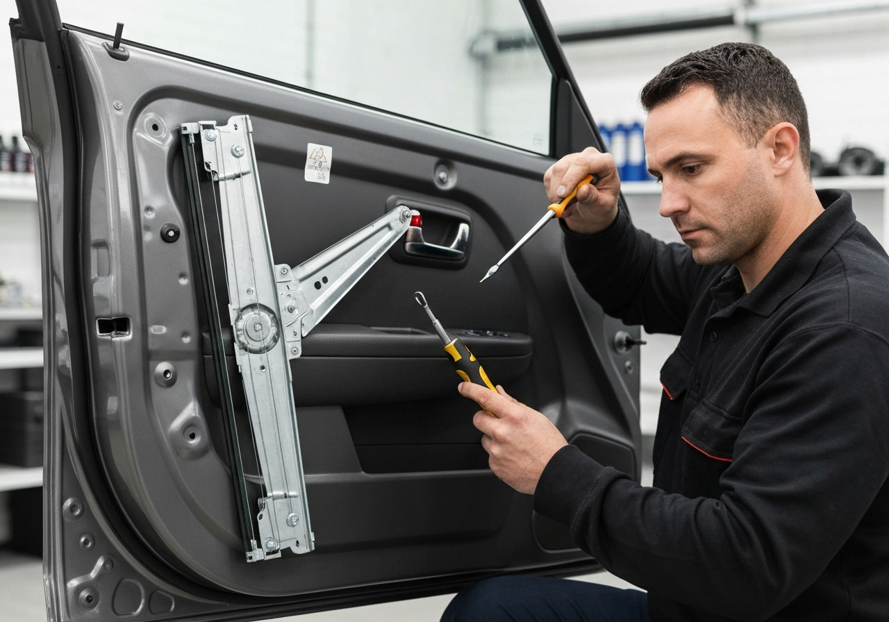 Car door panel internals and power window regulator