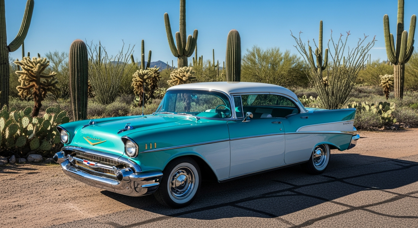 Classic car windshield with chrome detailing