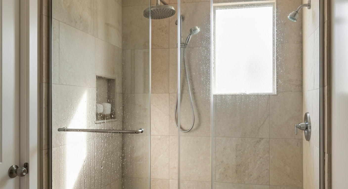 Clean frameless shower doors with water reflections