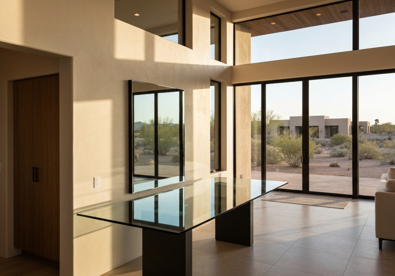 Custom Glass Tabletop and Mirror in a modern desert interior