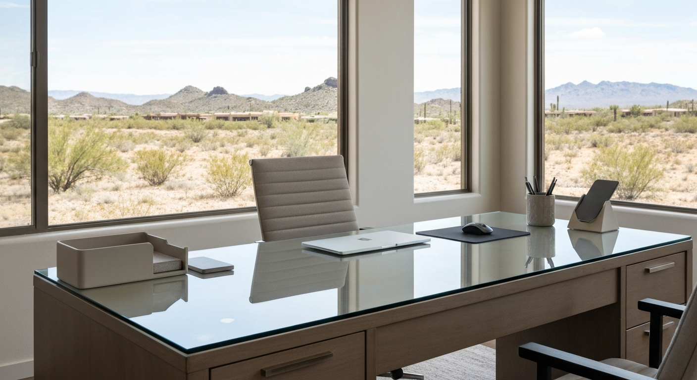 Custom Protective Glass Top on an Office Desk Custom protective glass top on a modern office desk