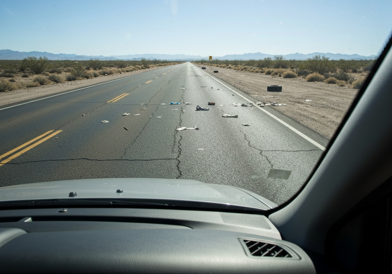 Driving hazards on Southern Arizona desert highway