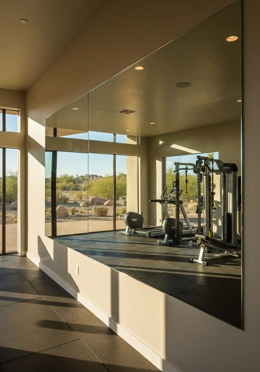 Large custom wall mirror in a contemporary desert home gym