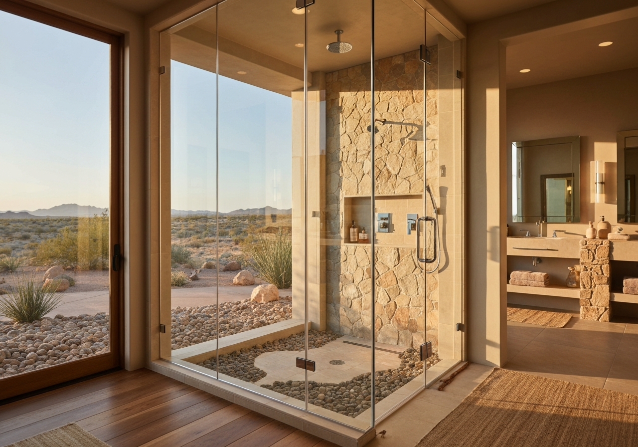 Luxury Frameless Glass Shower in modern Southwest bathroom