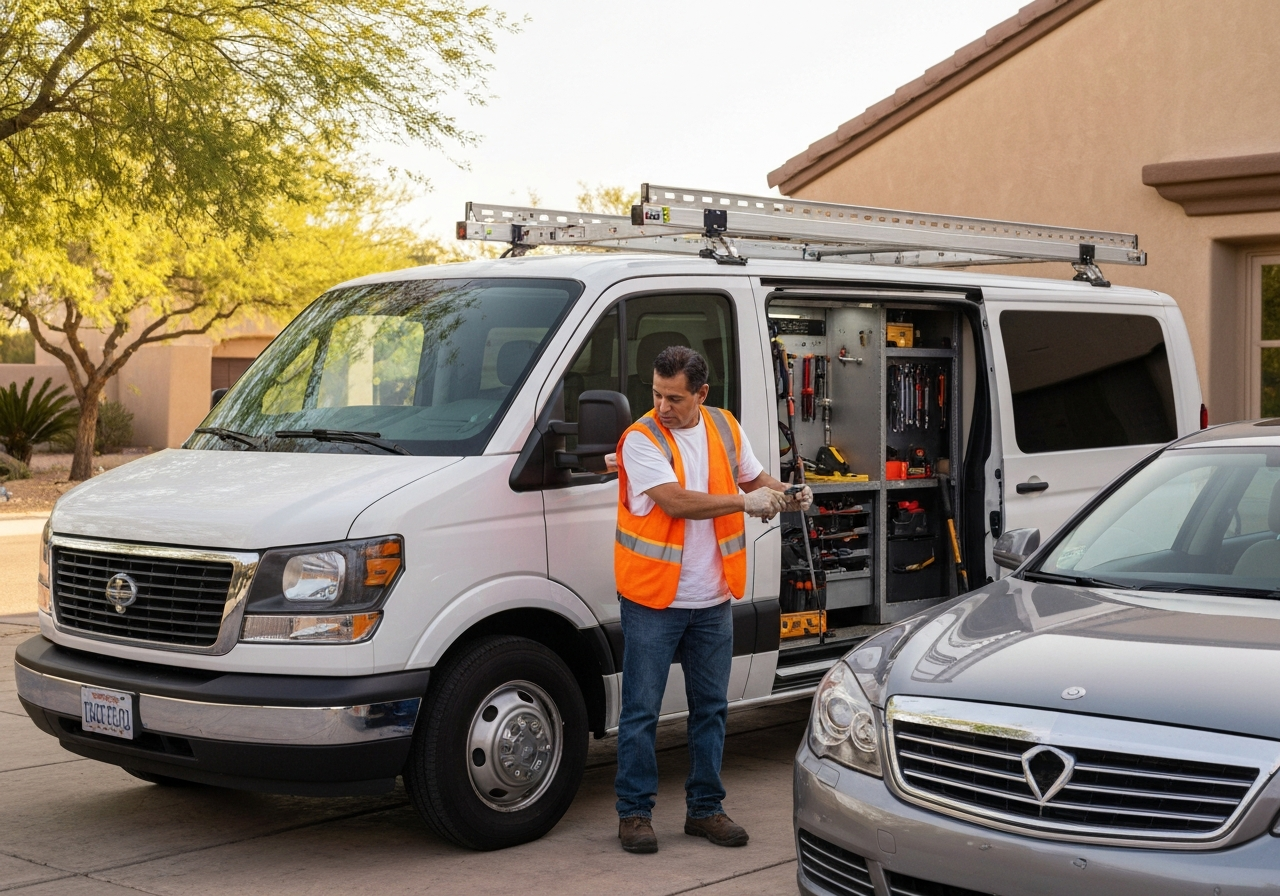 Mobile Auto Glass Service Van Mobile auto glass service van in a Tucson driveway