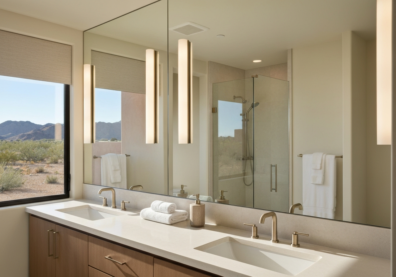 Modern Southwest bathroom with a large custom vanity mirror
