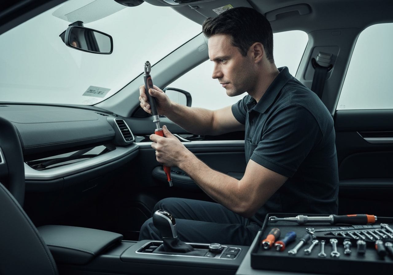 Professional technician fixing a car window mechanism