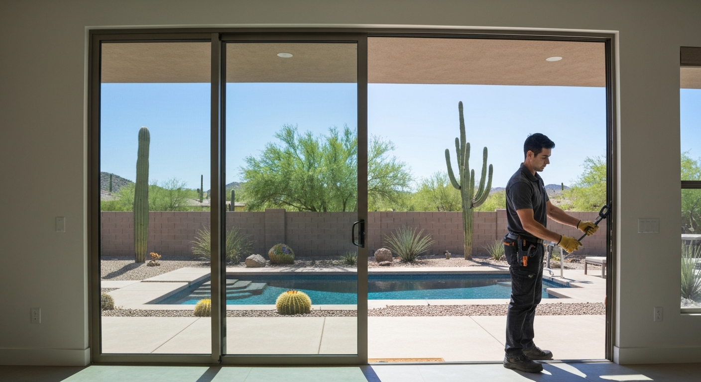 Professional technician replacing sliding patio door glass