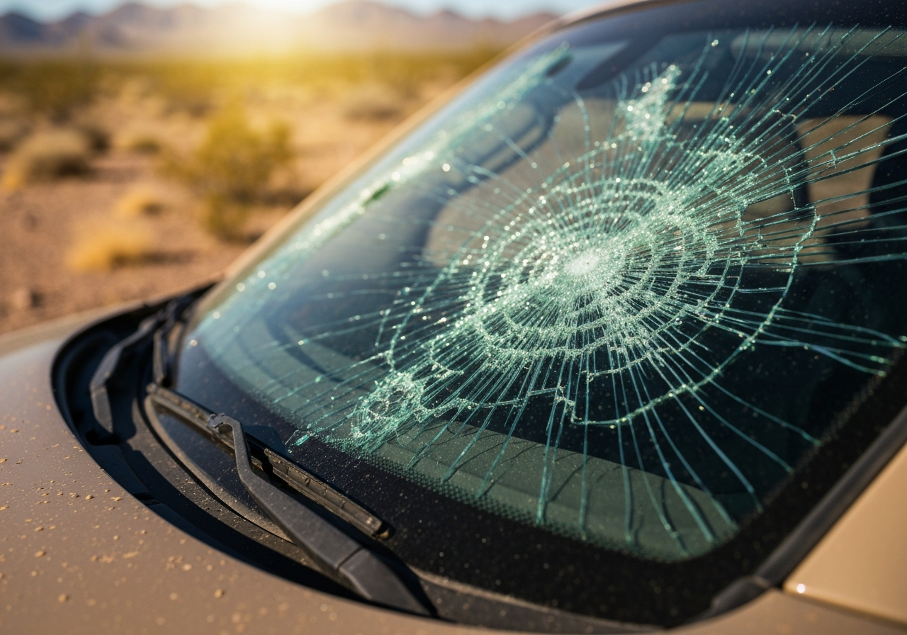 Shattered automotive safety glass on a Tucson roadside