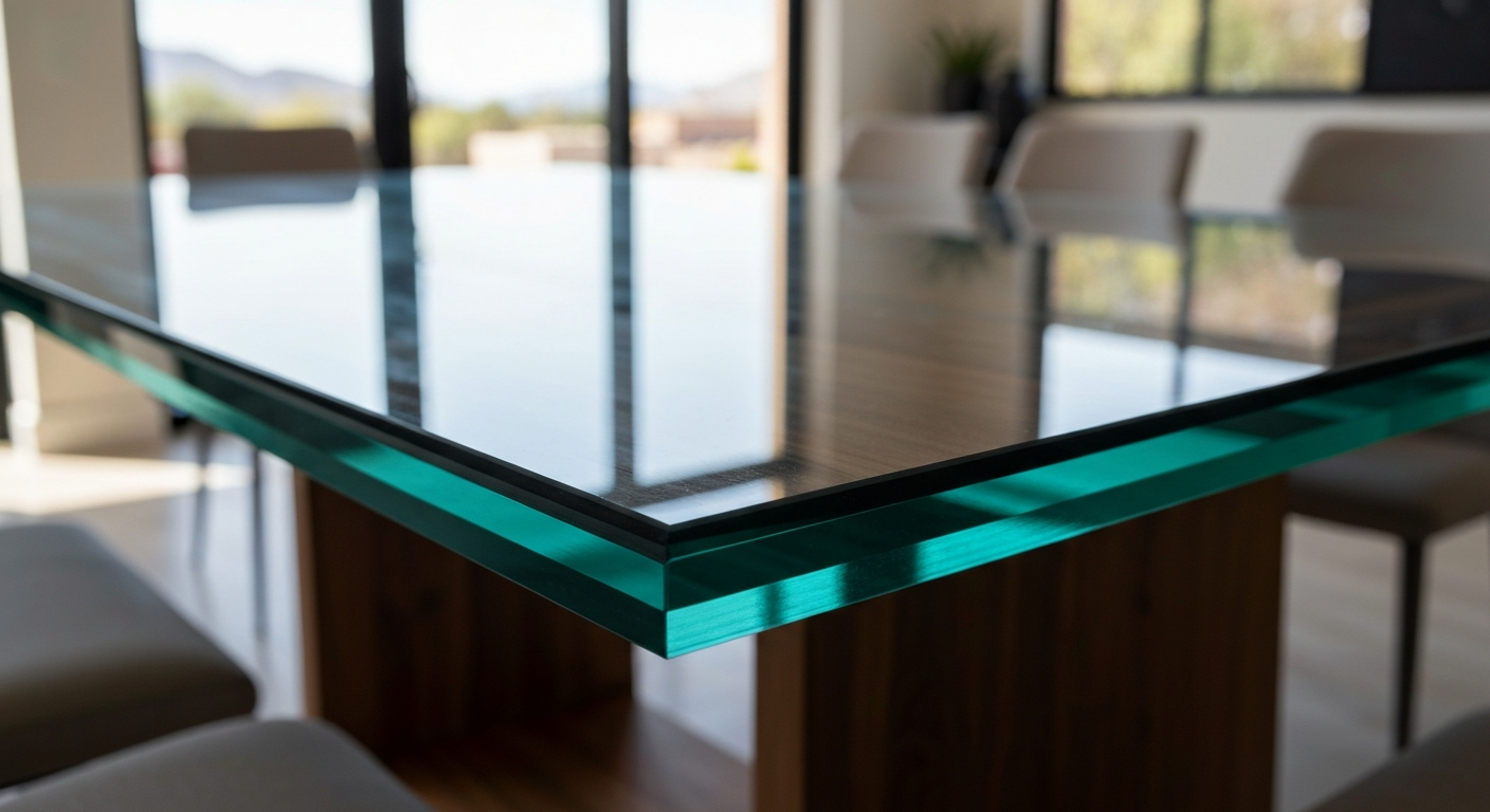 Custom Glass Tabletop Edge Thick custom glass tabletop edge on modern wood furniture