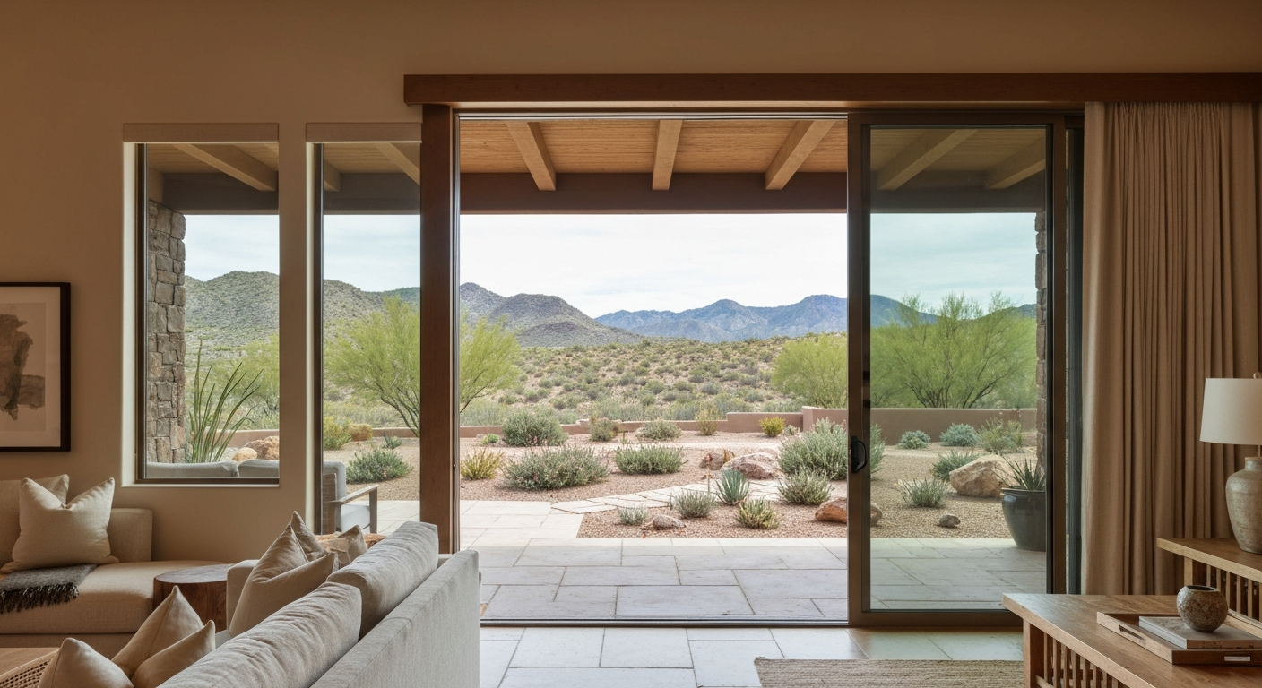 Tucson living room looking out through patio glass doors