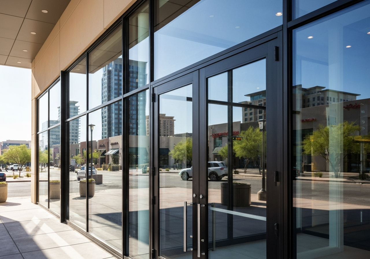 Retail Storefront Glass Entry Doors Upscale retail storefront with heavy glass entry doors