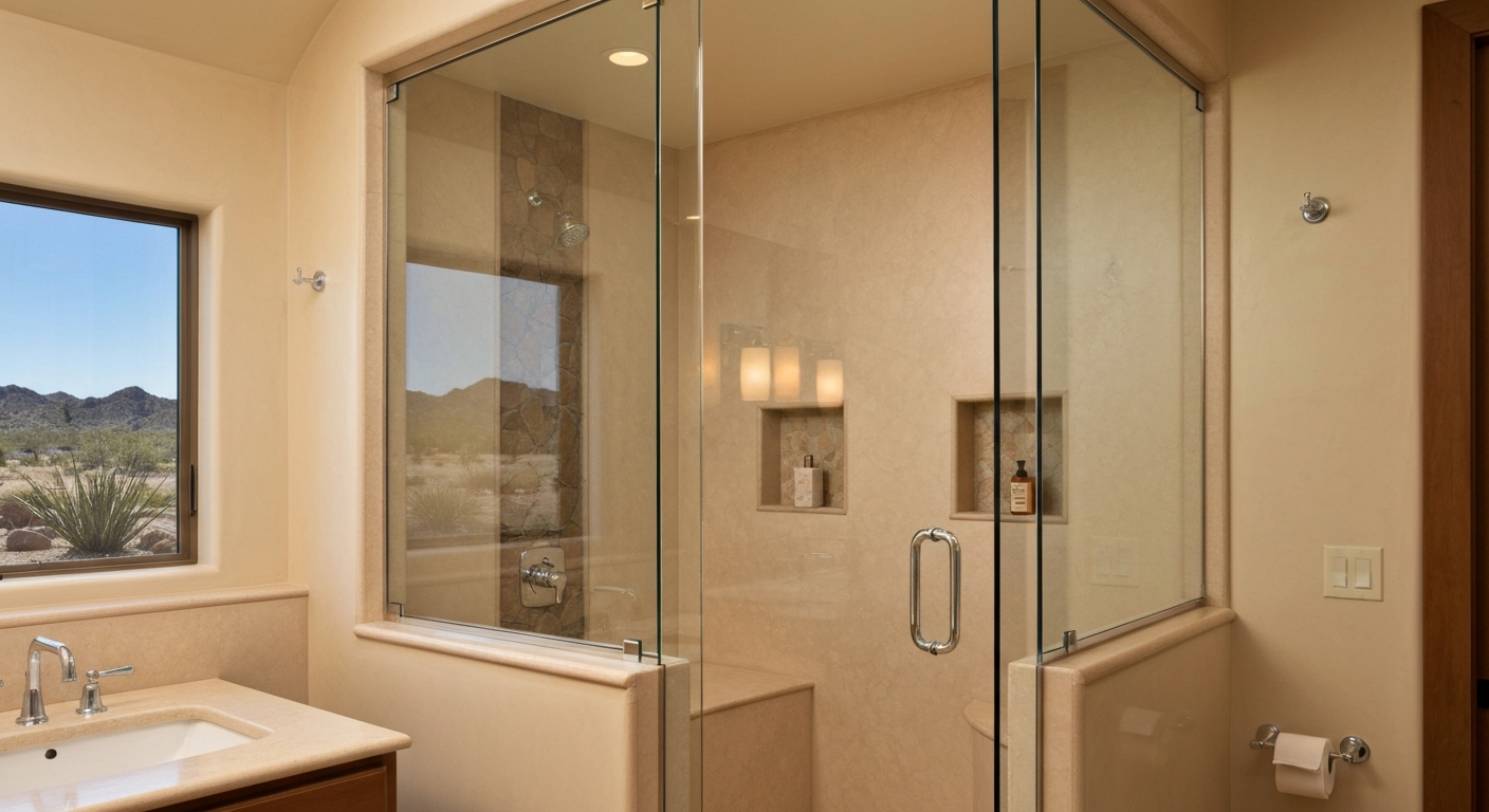 Upscale Tucson bathroom with desert textures and custom glass