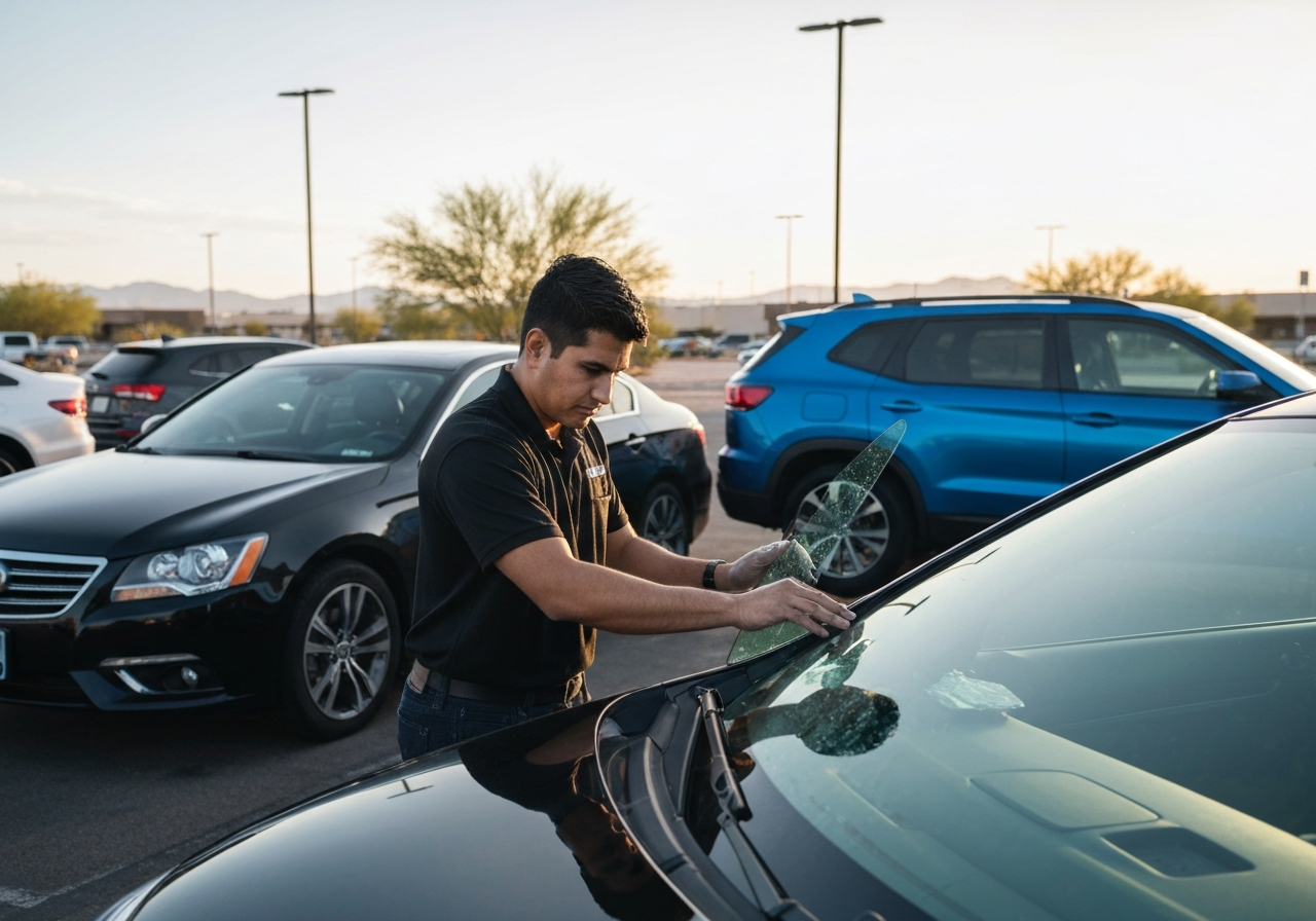 Windshield Replacement in an Office Parking Lot Windshield replacement in a Tucson office parking lot